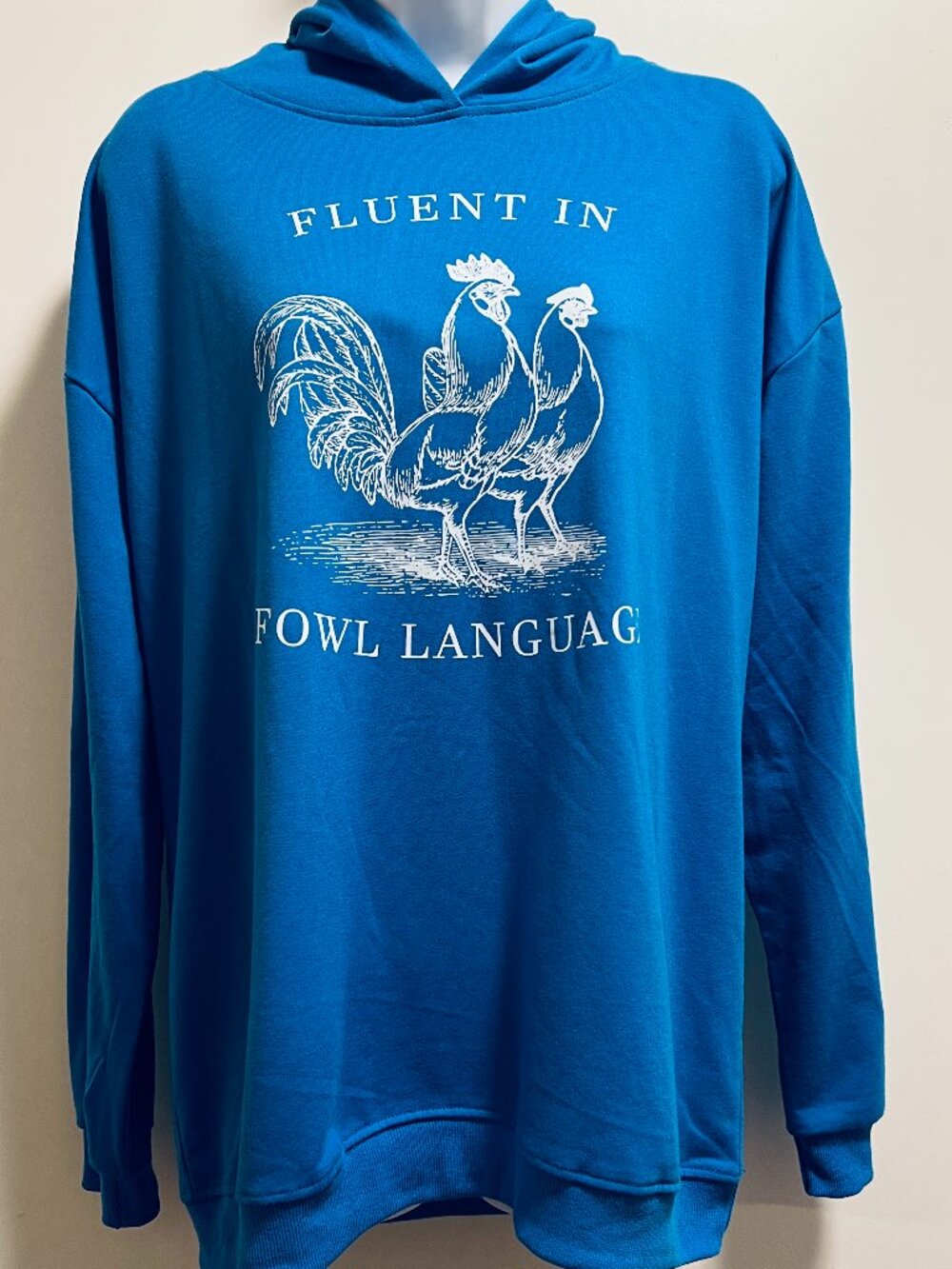 Quirky Farmcore Country Casual "Fluent in Fowl Language" Blue Hoodie Unisex L
